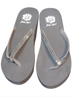 Yellow Box -NWOB, Wedge Style Slippers,Clear Colored Stones,Leather Upper Straps